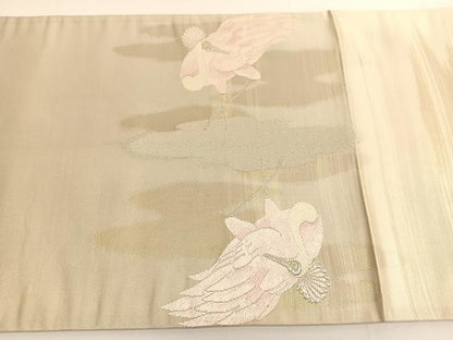 平和屋着物◎太鼓柄袋帯　唐織　冠鶴　銀糸　鈴乃屋扱い　正絹　逸品　BAAV9865hv