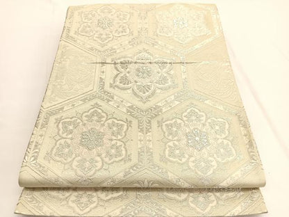 平和屋着物◎六通柄袋帯　唐織　亀甲花文　銀糸　正絹　逸品　BAAV9868hv