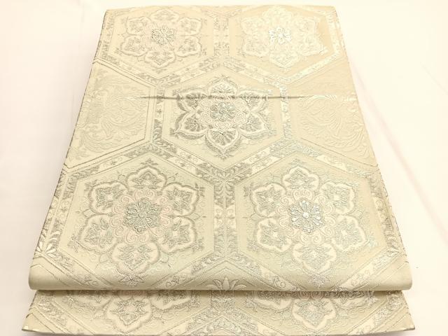 平和屋着物◎六通柄袋帯　唐織　亀甲花文　銀糸　正絹　逸品　BAAV9868hv