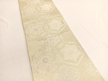 平和屋着物◎六通柄袋帯　唐織　亀甲花文　銀糸　正絹　逸品　BAAV9868hv
