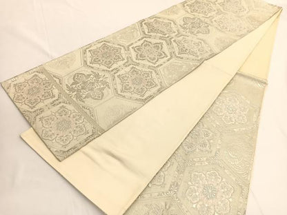 平和屋着物◎六通柄袋帯　唐織　亀甲花文　銀糸　正絹　逸品　BAAV9868hv