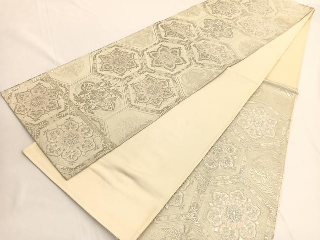 平和屋着物◎六通柄袋帯　唐織　亀甲花文　銀糸　正絹　逸品　BAAV9868hv