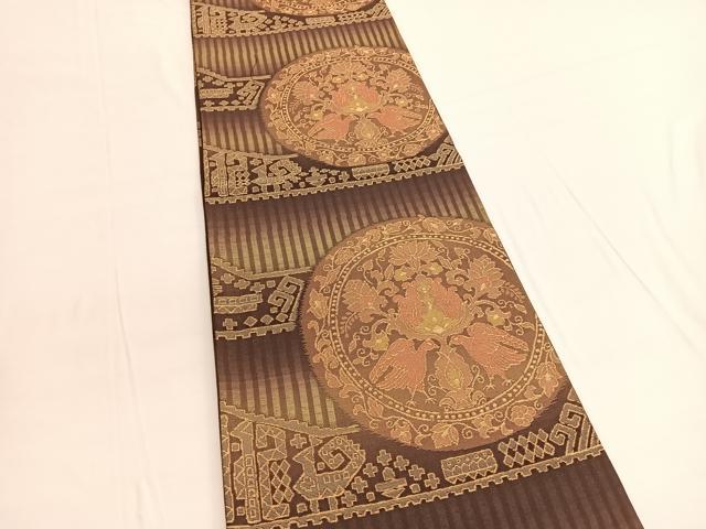 平和屋着物◎六通柄袋帯　向かい鳥花丸文　金糸　正絹　逸品　BAAV9869hv