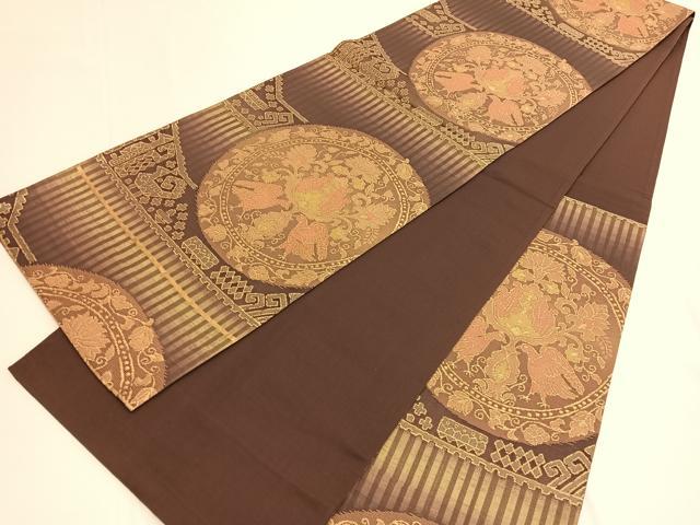 平和屋着物◎六通柄袋帯　向かい鳥花丸文　金糸　正絹　逸品　BAAV9869hv