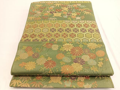 平和屋着物◎六通柄袋帯　横段亀甲花文　金糸　正絹　逸品　BAAV9876hv