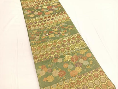 平和屋着物◎六通柄袋帯　横段亀甲花文　金糸　正絹　逸品　BAAV9876hv
