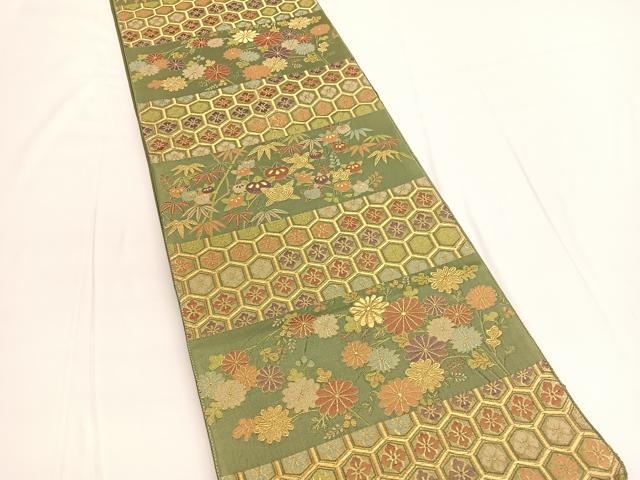 平和屋着物◎六通柄袋帯　横段亀甲花文　金糸　正絹　逸品　BAAV9876hv