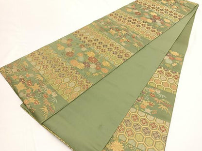 平和屋着物◎六通柄袋帯　横段亀甲花文　金糸　正絹　逸品　BAAV9876hv