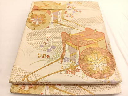 平和屋着物◎六通柄袋帯　唐織　御所車花文　金糸　正絹　逸品　BAAV9883hv