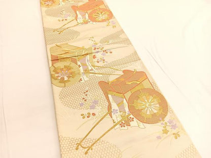 平和屋着物◎六通柄袋帯　唐織　御所車花文　金糸　正絹　逸品　BAAV9883hv