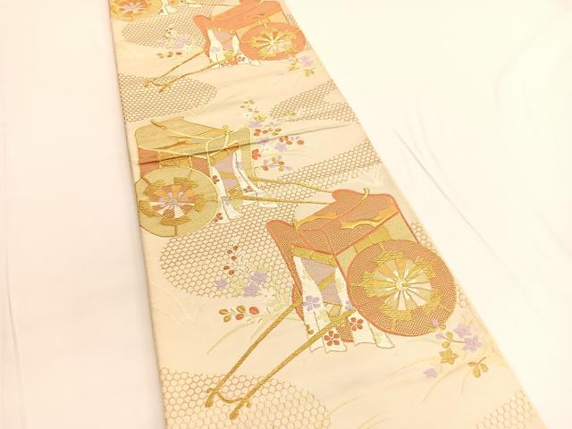 平和屋着物◎六通柄袋帯　唐織　御所車花文　金糸　正絹　逸品　BAAV9883hv