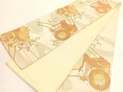 平和屋着物◎六通柄袋帯　唐織　御所車花文　金糸　正絹　逸品　BAAV9883hv