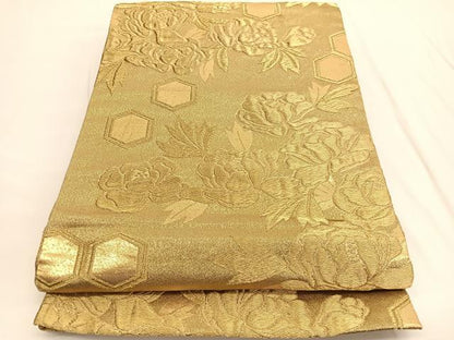 平和屋着物◎六通柄袋帯　牡丹　金糸　正絹　逸品　BAAV9886hv
