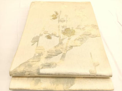 平和屋着物◎六通柄袋帯　ふくれ織　枝梅文　金糸　正絹　逸品　BAAV9887hv