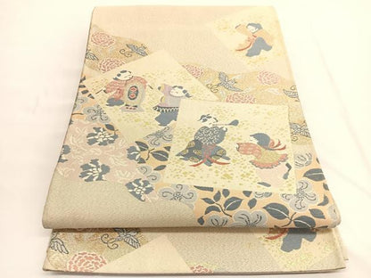 平和屋着物◎太鼓柄袋帯　綴れ　童子遊び花鳥文　金銀糸　正絹　逸品　BAAV9893hv
