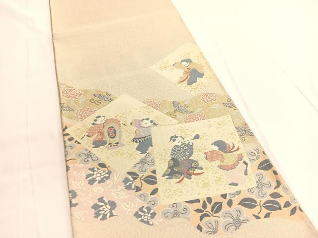 平和屋着物◎太鼓柄袋帯　綴れ　童子遊び花鳥文　金銀糸　正絹　逸品　BAAV9893hv
