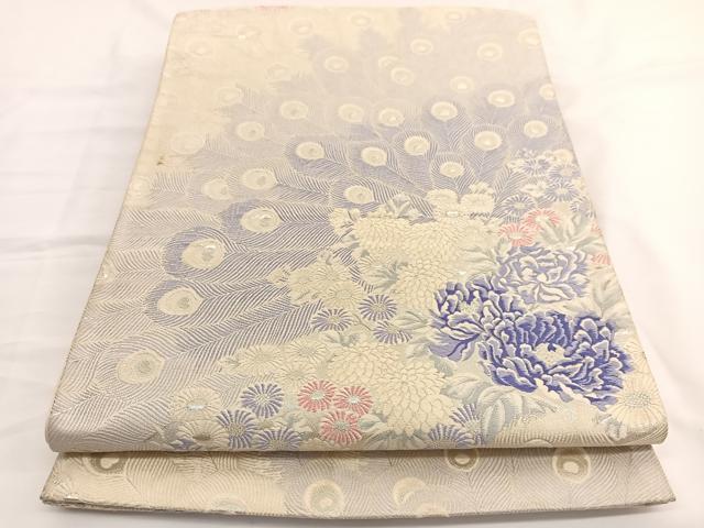 平和屋着物◎六通柄袋帯 唐織 繍花孔雀文 銀糸 正絹 逸品 BAAV9899hv
