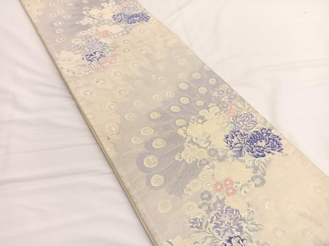 平和屋着物◎六通柄袋帯 唐織 繍花孔雀文 銀糸 正絹 逸品 BAAV9899hv