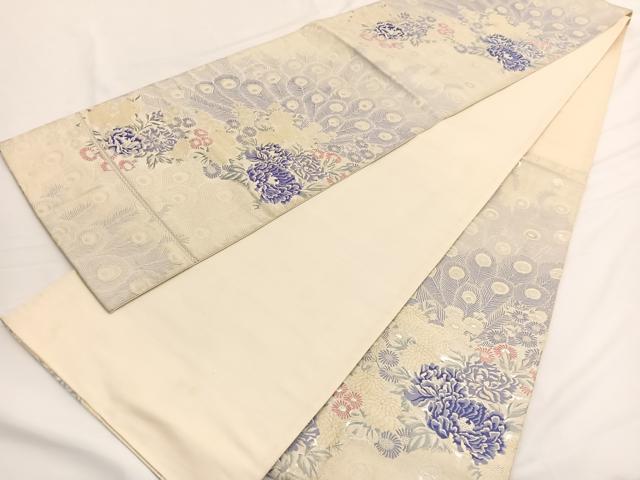 平和屋着物◎六通柄袋帯 唐織 繍花孔雀文 銀糸 正絹 逸品 BAAV9899hv