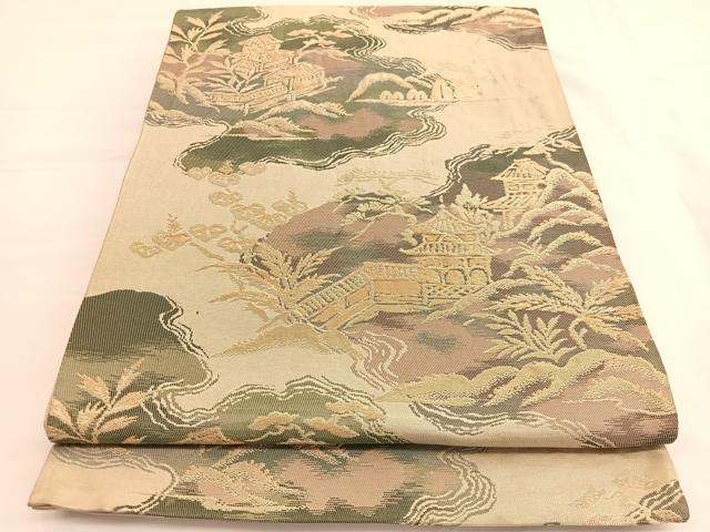 平和屋着物◎六通柄袋帯　風景文　金糸　正絹　逸品　BAAV9919hv