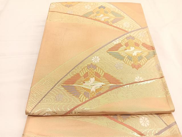 平和屋着物◎西陣　六通柄袋帯　唐織　松彩錦　流水双鶴花文　金銀糸　引箔　証紙付き　正絹　逸品　BAAV9924hv