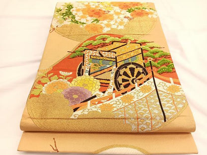 平和屋着物◎六通柄袋帯 唐織 貝合せ御所車花文 金銀糸 正絹 逸品 BAAV9928hv
