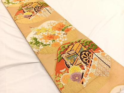 平和屋着物◎六通柄袋帯 唐織 貝合せ御所車花文 金銀糸 正絹 逸品 BAAV9928hv