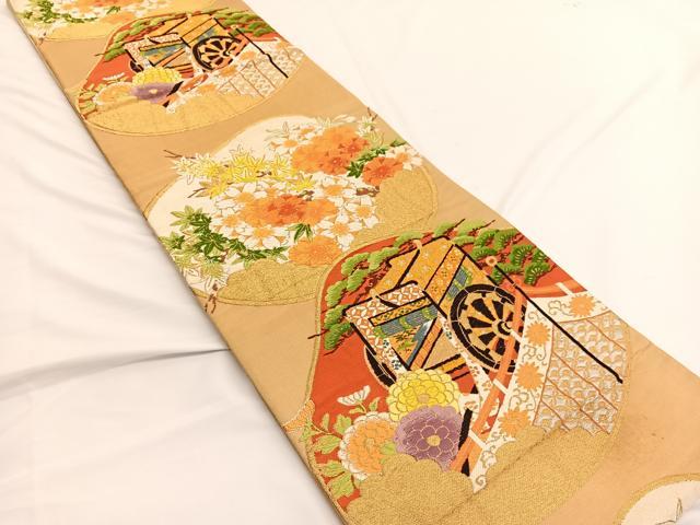 平和屋着物◎六通柄袋帯 唐織 貝合せ御所車花文 金銀糸 正絹 逸品 BAAV9928hv