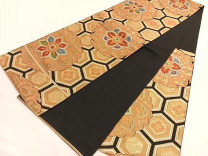 平和屋着物◎六通柄　本袋帯　唐織　宝相華亀甲花文　黒地　金糸　正絹　逸品　BAAV9936hv