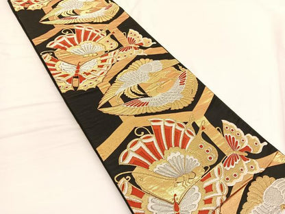 平和屋着物◎六通柄袋帯 唐織 向かい鳳凰舞蝶文 黒地 金銀糸 正絹 逸品 BAAV9945hv