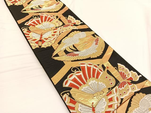 平和屋着物◎六通柄袋帯 唐織 向かい鳳凰舞蝶文 黒地 金銀糸 正絹 逸品 BAAV9945hv