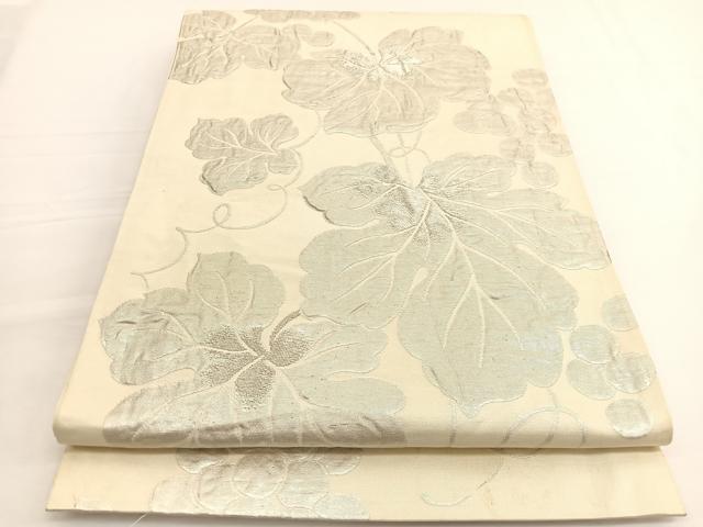 平和屋着物◎六通柄袋帯 ふくれ織 葡萄蔦の葉文 銀糸 正絹 逸品 BAAV9949hv