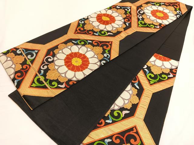 平和屋着物◎六通柄袋帯 唐織 菊唐草文 黒地 金糸 正絹 逸品 BAAV9957hv