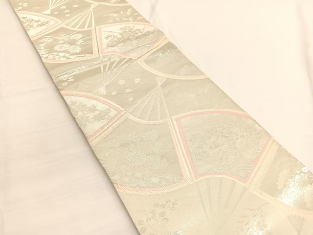 平和屋着物◎六通柄袋帯 唐織 扇面花文 銀糸 正絹 逸品 BAAV9960hv