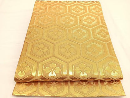 平和屋着物◎六通柄袋帯　亀甲花文　金糸　三越扱い　正絹　逸品　BAAV9969hv