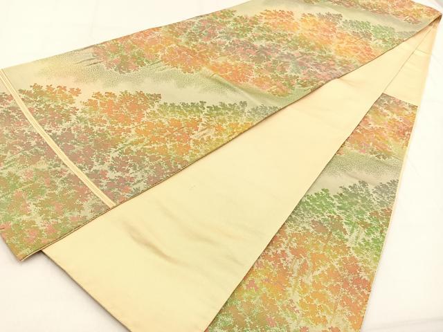 ◆商品保証書付き太鼓柄袋帯【風景樹林文】作家物 袋帯 美品 逸品 華文 鳥 相良刺繍 ベージュ お太鼓柄 正絹 中古