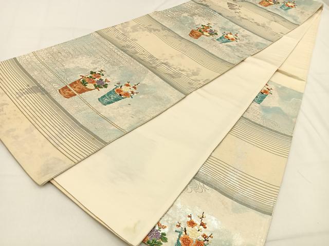 平和屋着物◎西陣　六通柄袋帯　唐織　花籠文　銀糸　引箔　正絹　逸品　未使用　BAAW0017hj
