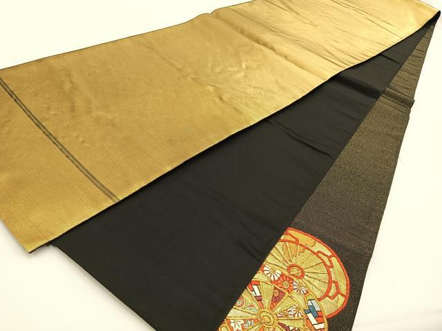 平和屋着物◎太鼓柄袋帯 唐織 源氏車有職花文 黒地 金銀糸