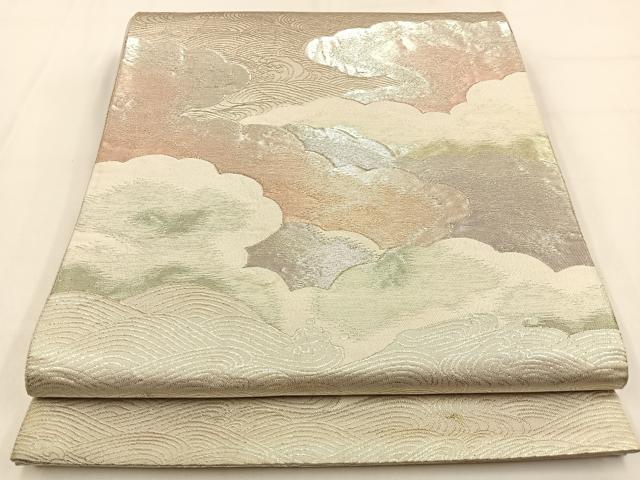平和屋着物◎六通柄袋帯　雲重ね文　銀糸　正絹　逸品　BAAW0027hj