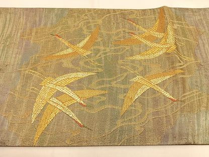 平和屋着物◎六通柄袋帯　絢錦　飛鶴花文　金銀糸　正絹　逸品　BAAW0036hj