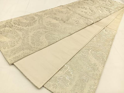 平和屋着物◎六通柄袋帯　唐織　孔雀花文　銀糸　やまとオリジナル　正絹　逸品　BAAW0040hj