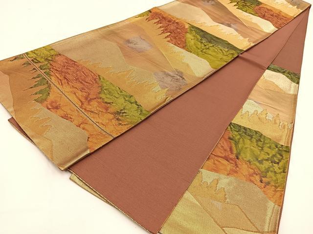 平和屋着物◎六通柄袋帯　重ね山風景文　金銀糸　引箔　正絹　逸品　BAAW0053hj