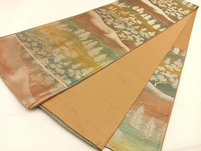 平和屋着物◎六通柄袋帯　樹林文　金銀糸　引箔　正絹　逸品　BAAW0065hj