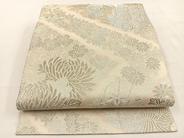 平和屋着物◎六通柄袋帯　花尽し　銀糸　正絹　逸品　BAAW0076hj