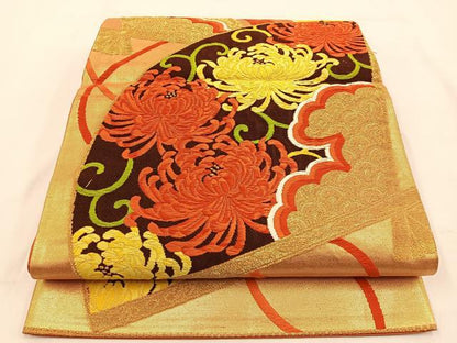 平和屋着物◎六通柄袋帯 唐織 檜扇乱菊文 金糸 正絹 逸品 BAAW0081hj