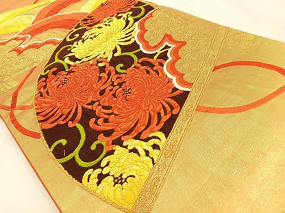 平和屋着物◎六通柄袋帯 唐織 檜扇乱菊文 金糸 正絹 逸品 BAAW0081hj