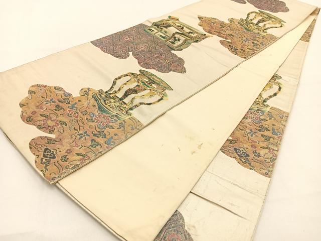平和屋着物◎全通柄袋帯　雲取器物花文　引箔　正絹　逸品　BAAW0095hj