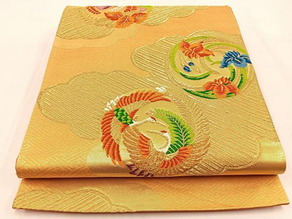 平和屋着物◎六通柄袋帯　唐織　飛鶴花文　金糸　正絹　逸品　BAAW0102hj