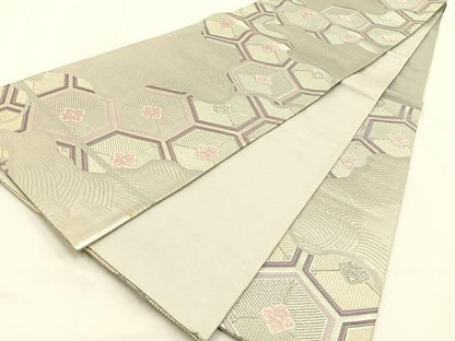 平和屋着物◎六通柄袋帯　唐織　亀甲松葉花文　銀糸　正絹　逸品　BAAW0105hj