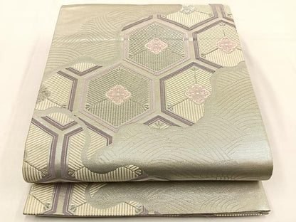平和屋着物◎六通柄袋帯　唐織　亀甲松葉花文　銀糸　正絹　逸品　BAAW0105hj